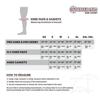 Knee Pad - 187 KILLER PADS Pro - White sizing chart
