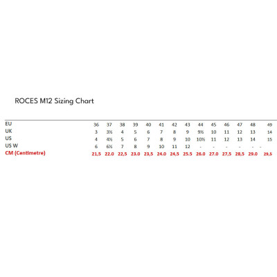 ROCES M12 UFS Black/Blue sizing chart