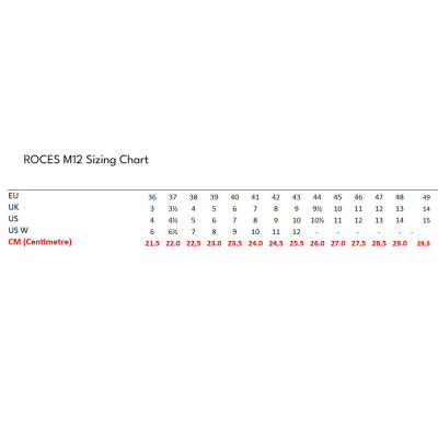 Aggressive Skates - ROCES M12 Lo - Buio sizing chart