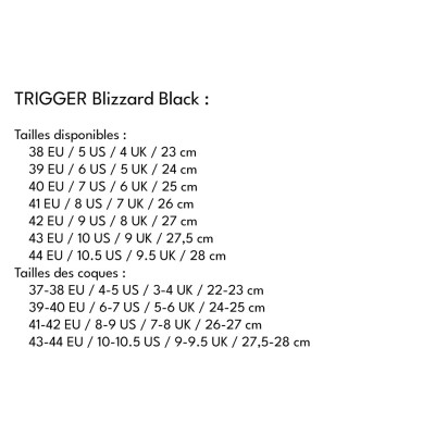 Aggressive Skates - TRIGGER Blizzard - Black Sizing chart