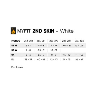 Skates Liner - MYFIT 2nd Skin - White - Pair sizing chart