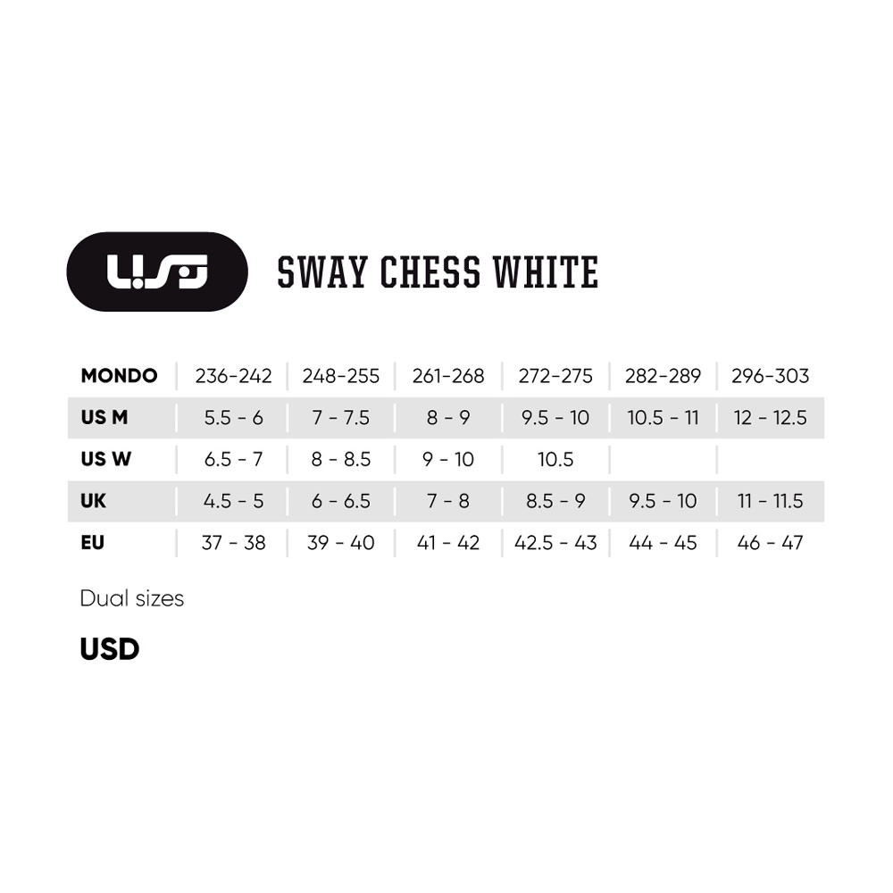 Aggressive Skates - USD Sway - Chess White sizing chart