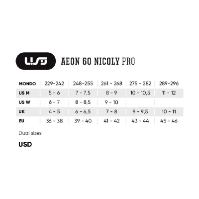 Aggressive Skates - USD Aeon 60 - Nicoly Pro Serenity Blue sizing chart