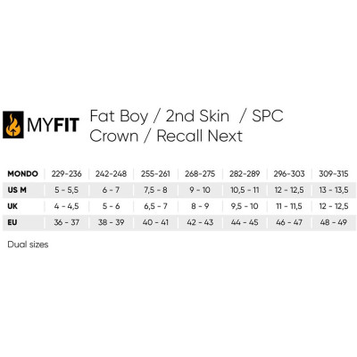 Skates Liner - MYFIT 2nd Skin Wide - Black - Pair sizing chart