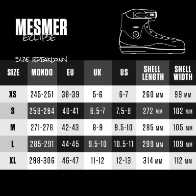 Aggressive Skate Boots - MESMER Eclipse - TS sizing chart