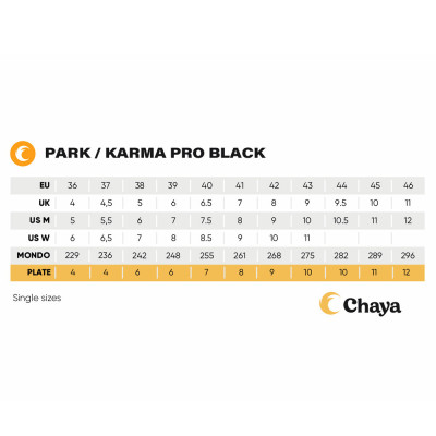Skatepark Roller Skates - CHAYA Karma Pro - Black sizing chart