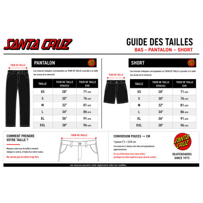Baggy Pant - SANTA CRUZ Carter - Black sizing chart