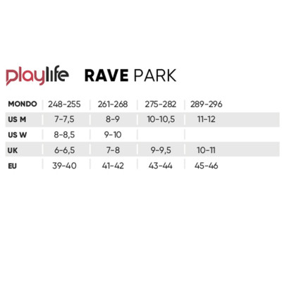 Aggressive Skates - PLAYLIFE - Rave Park sizing chart