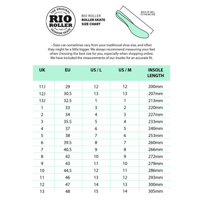 Recreational Quad Skates - RIO Beats - Blue / Tan sizing chart